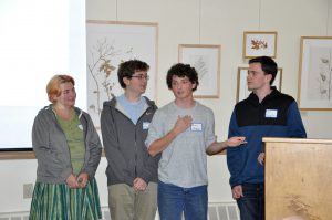 Rockland High School Environmental Club sponsor Angela Armstrong and students Sean Fitzgerald, Ronan McNally and Joe Naughton speak about the Estuary Explorers program at the NSRWA Annual Meeting.