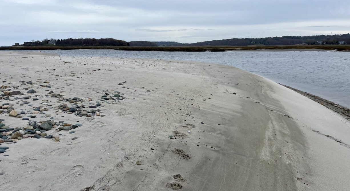 A sandy area that slopes down to the water, with a river in the background.