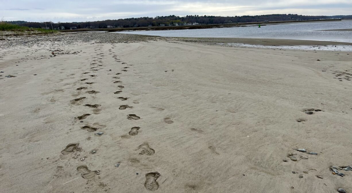 Two sets of human footprints extending across beach sand with a river in the background.
