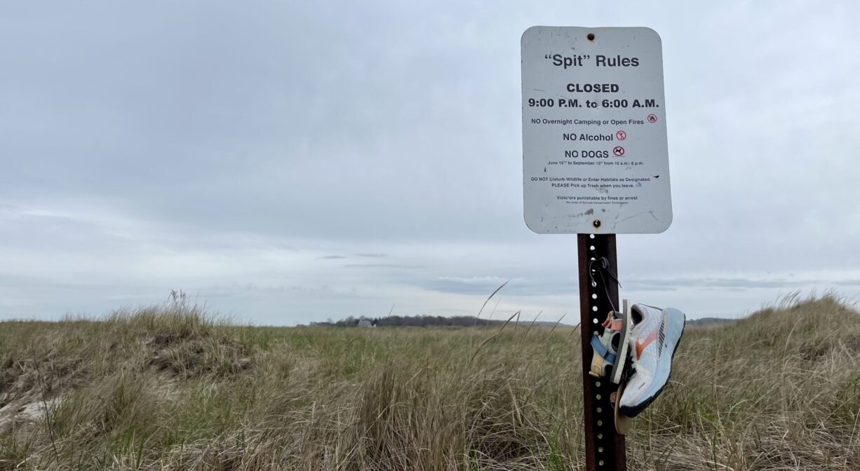 Property sign with a pair of sneakers hanging from it, with dune grass in the background.