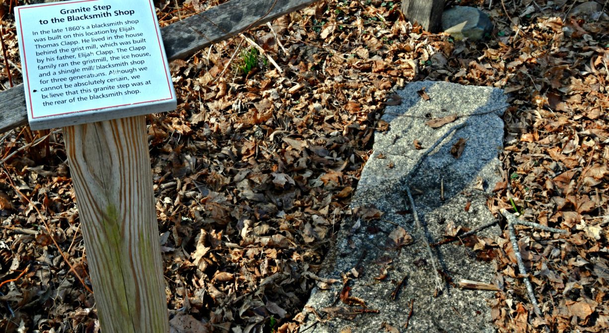 A photograph of an interpretive sign and a block of granite with fall leaves.