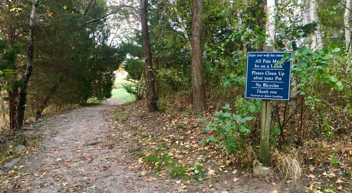 A photograph of a blue property sign beside a woodland trail.