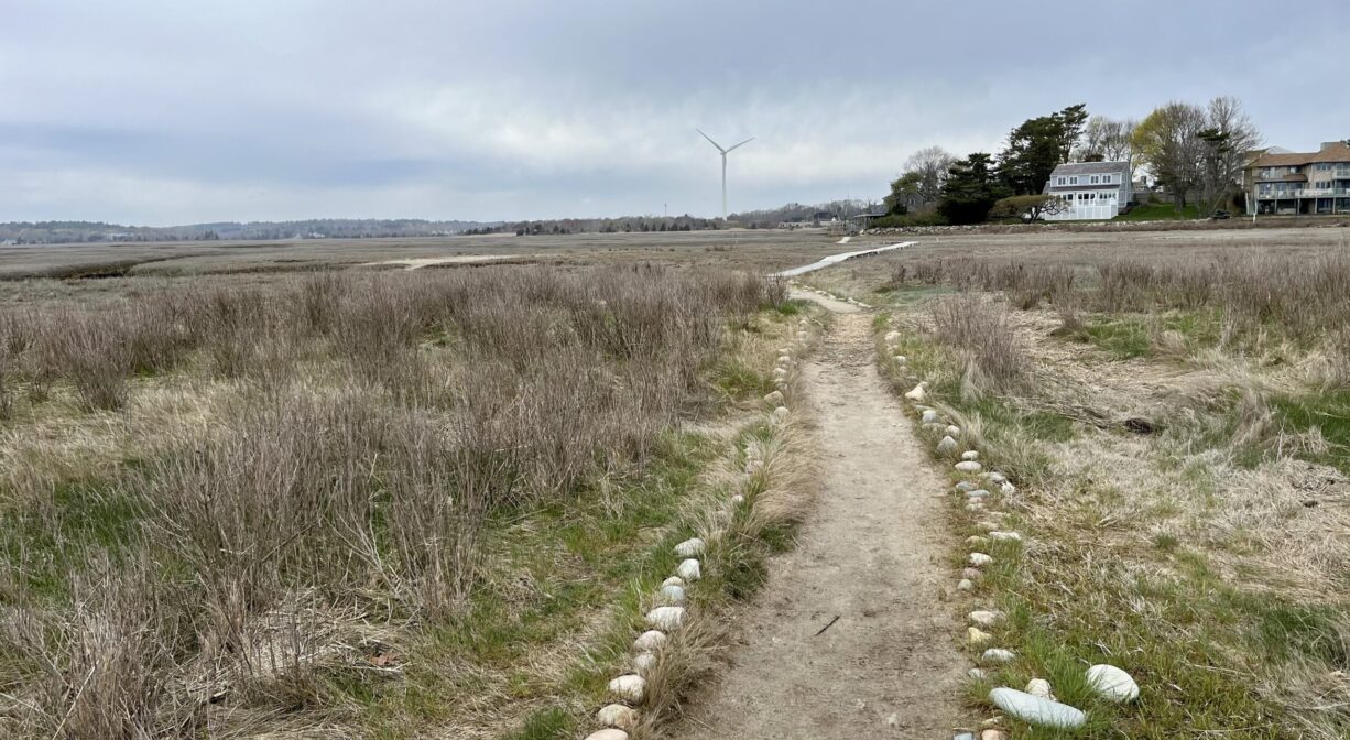 A photograph of a walkway lined with stones, leading toward a salt marsh with some houses in the distance.
