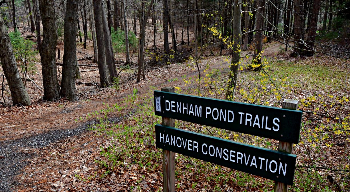 A photograph of a property sign beside a trail in a forest.