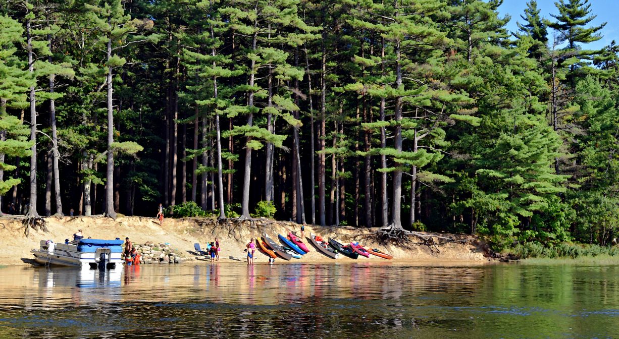 A photograph of a row of kayaks on a beach beside a river.