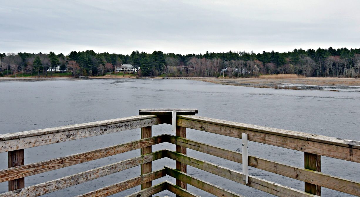 A photograph of a fishing pier on a river, looking downstream.