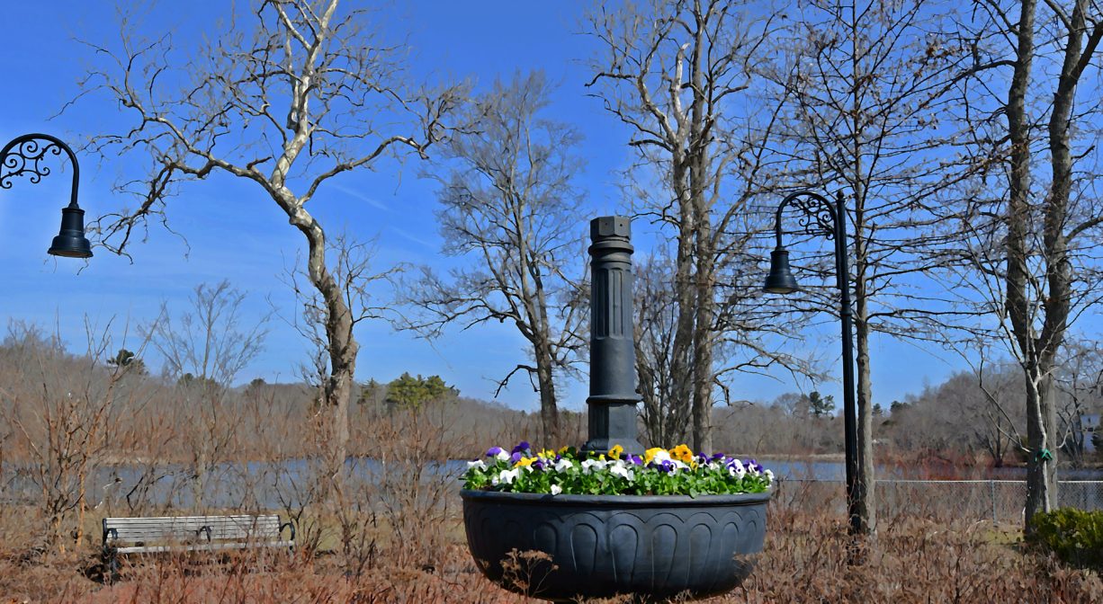 A photograph of old mill equipment converted into a planter, with a pond in the background.