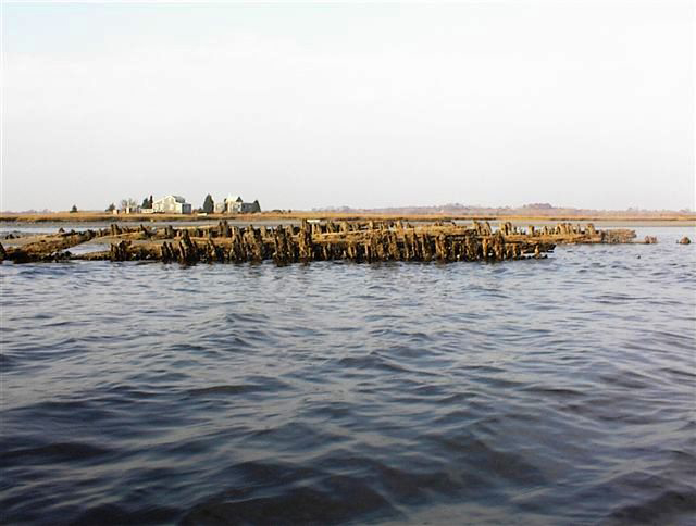 A photograph of the remains of a ship on the banks of a river.