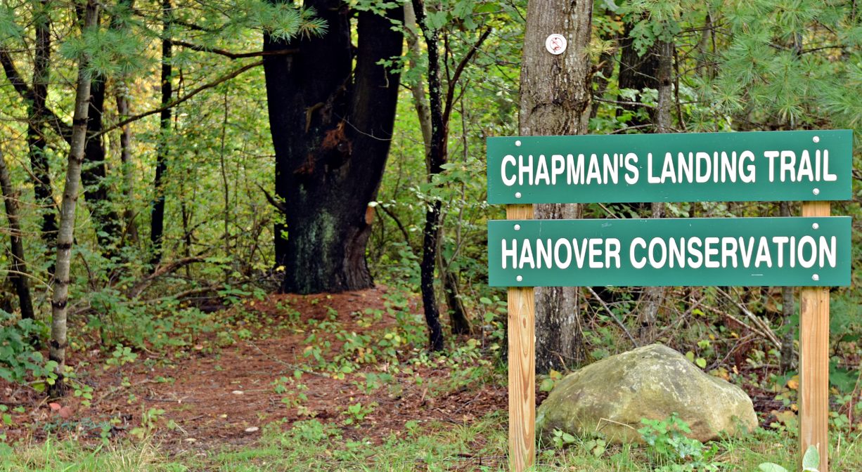 A photograph of a trailhead and trail sign with green foliage.