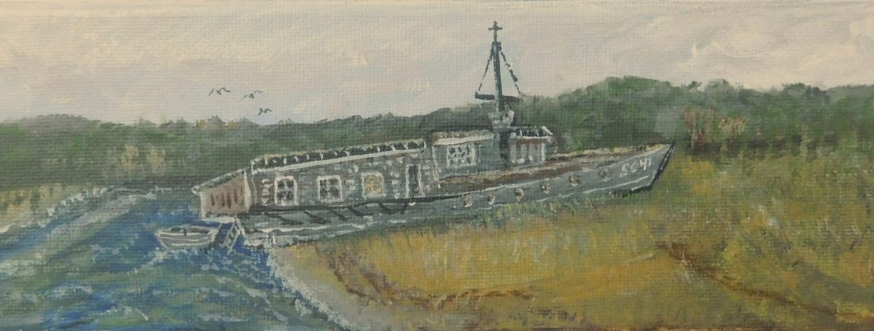 A painting of a wrecked ship. Painting by Ray Freden.