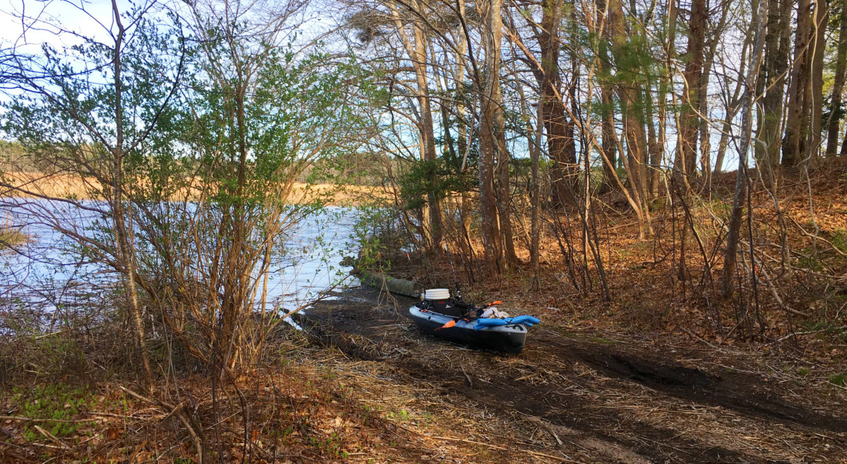 A photograph of a boat launch area beside a river.