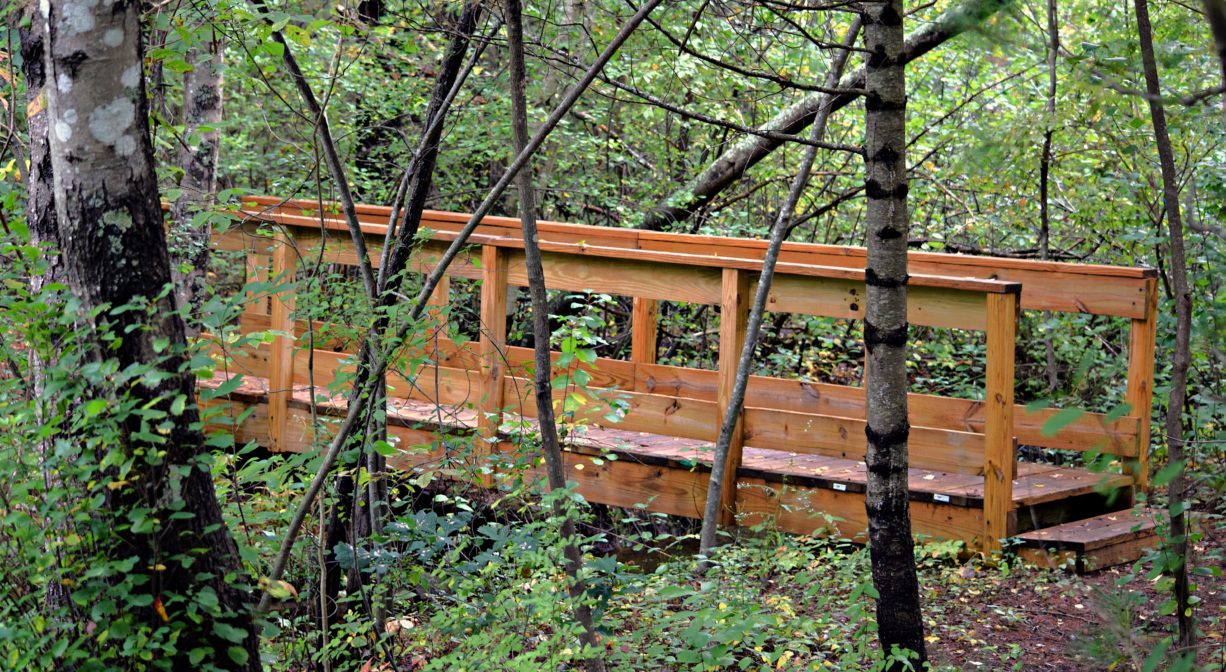 A photograph of a wooden bridge across a stream in the woods.