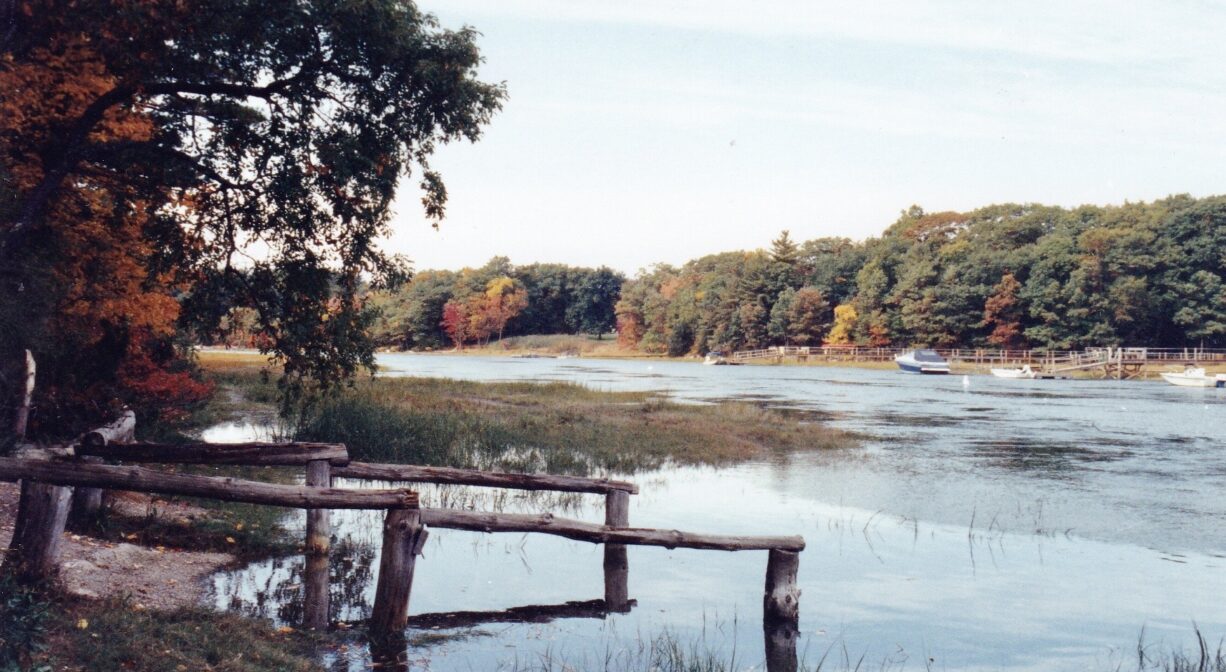 A photograph of a boat launch area on a river, with fall foliage.