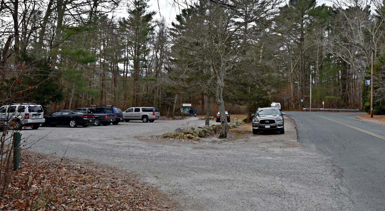 A photograph of a parking area beside a woodland.