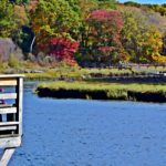 A photograph of two people standing on a deck overlooking a river, with colorful foliage.