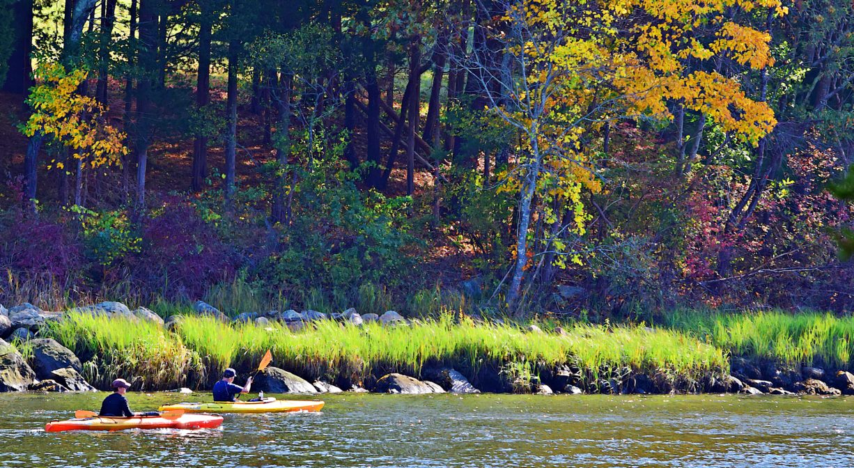 A photograph of two kayaks on a river with marsh grass and colorful foliage.