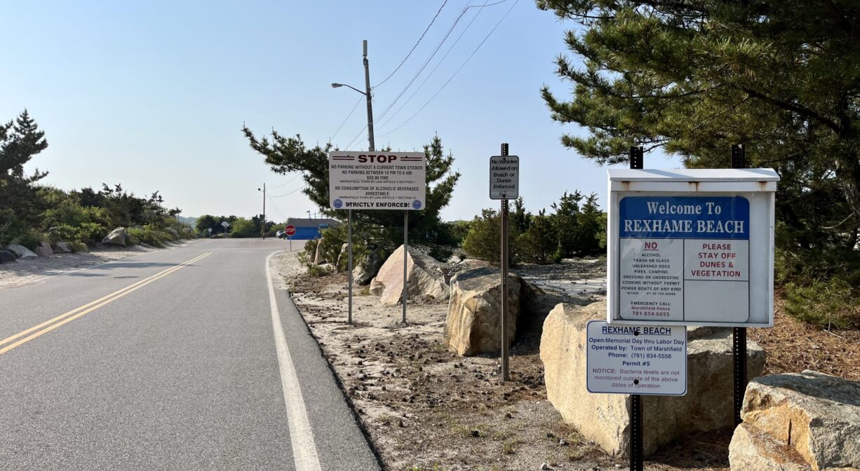 A photograph of a beach entrance with numerous signs.