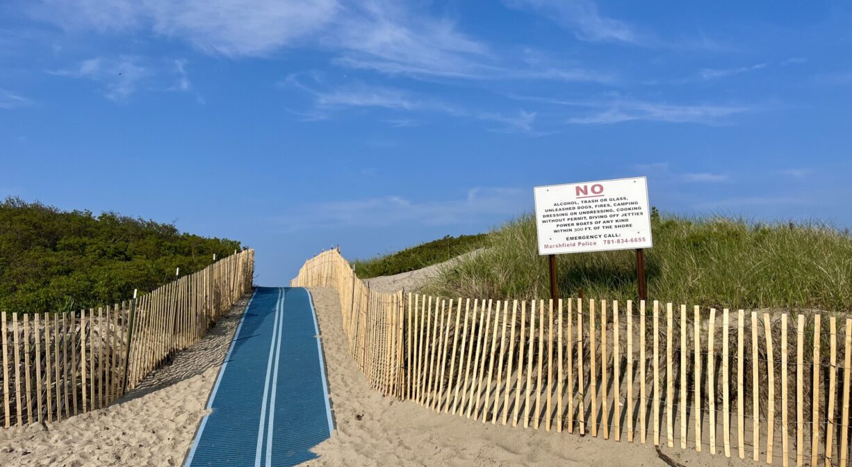 A photograph of an accessibility mat extending over a sand dune.