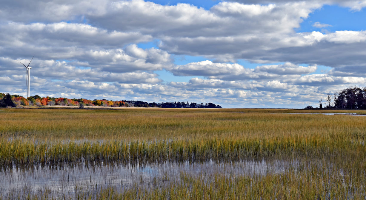 Photograph of a salt marsh at mid-tide with cloudy blue skies.