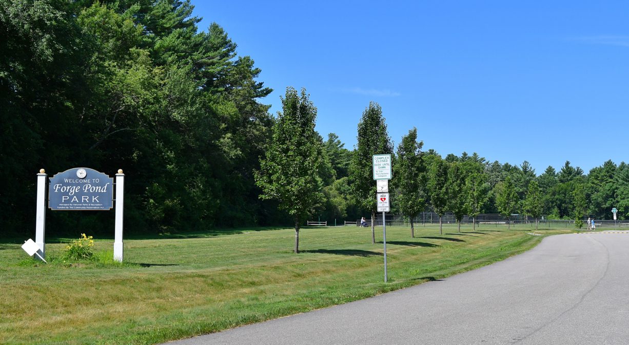 A photograph of an entrance road with grass and a property sign.