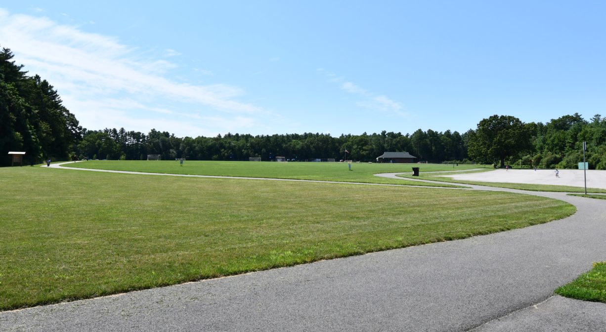 A photograph of a paved trail within a grassy park.