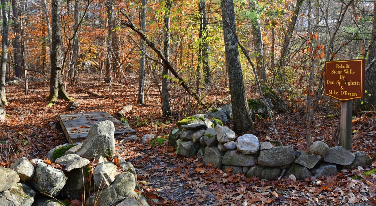 Photograph of trail with stone walls, in forest setting with fall foliage.
