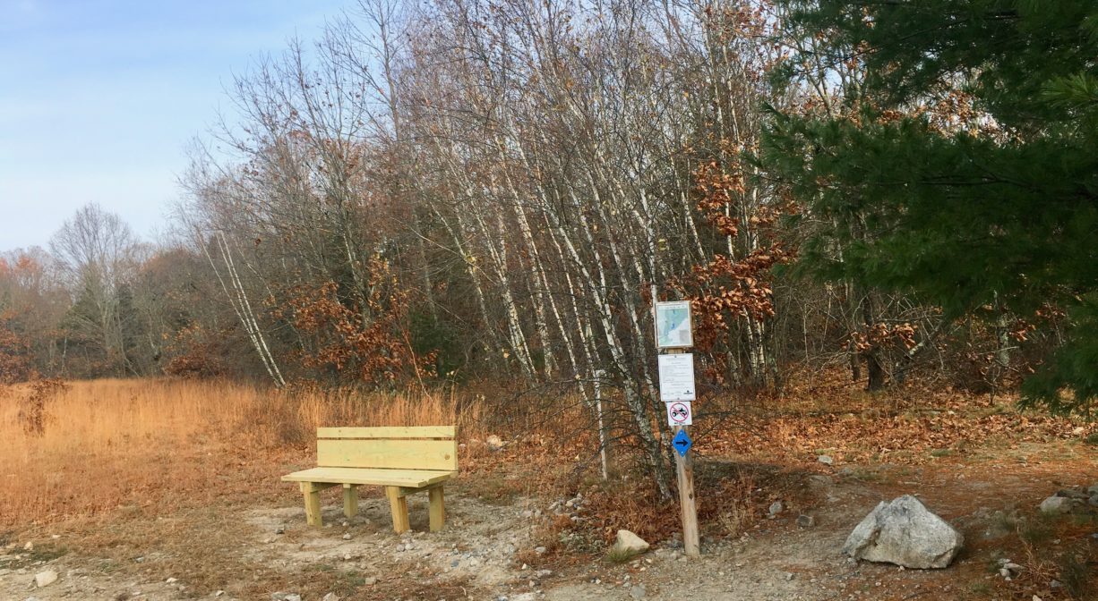 A bench at the edge of a trail with some trees in the background.
