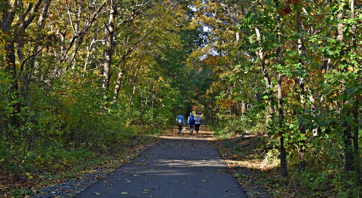 Photograph of pedestrians on paved trail with autumn leaves