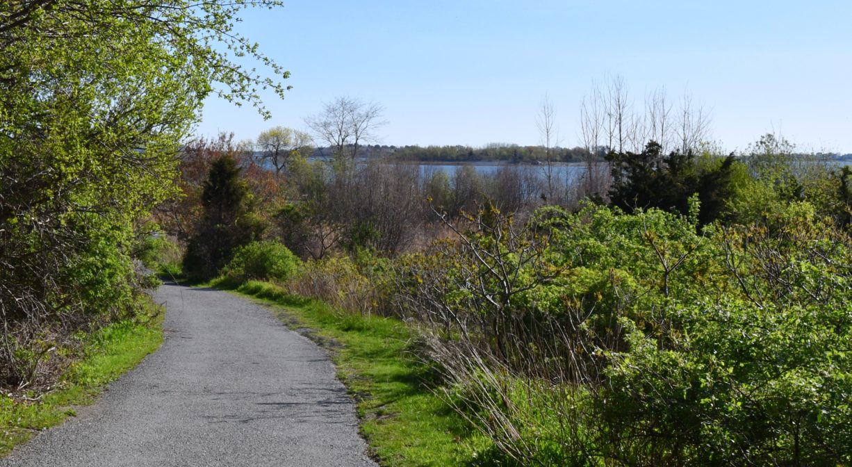 A photograph of a gravel trail through a grassy park with water in the distance.