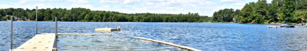 A photograph of a pond with a small pier.