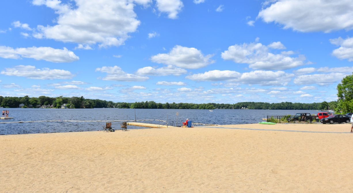A photograph of a sandy beach beside a pond.