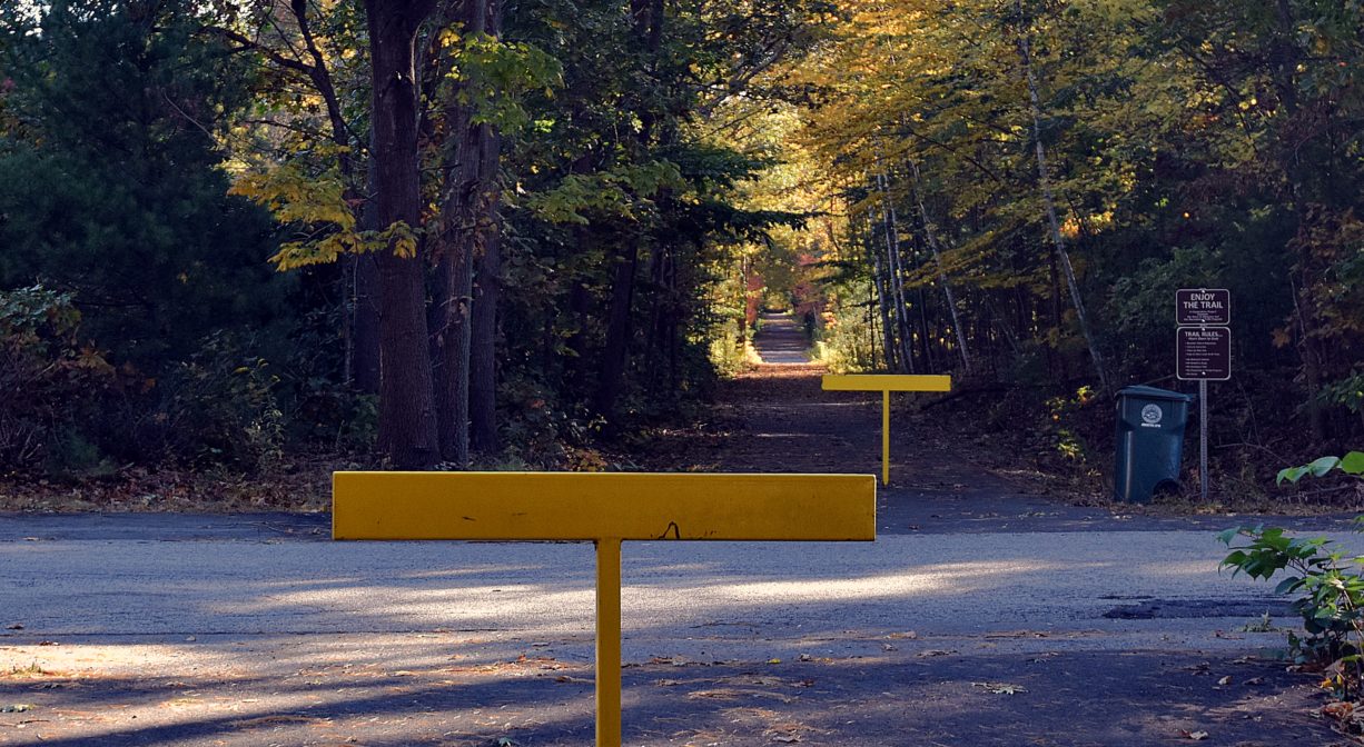 Photograph of traffic barriers along paved trail in wooded setting.