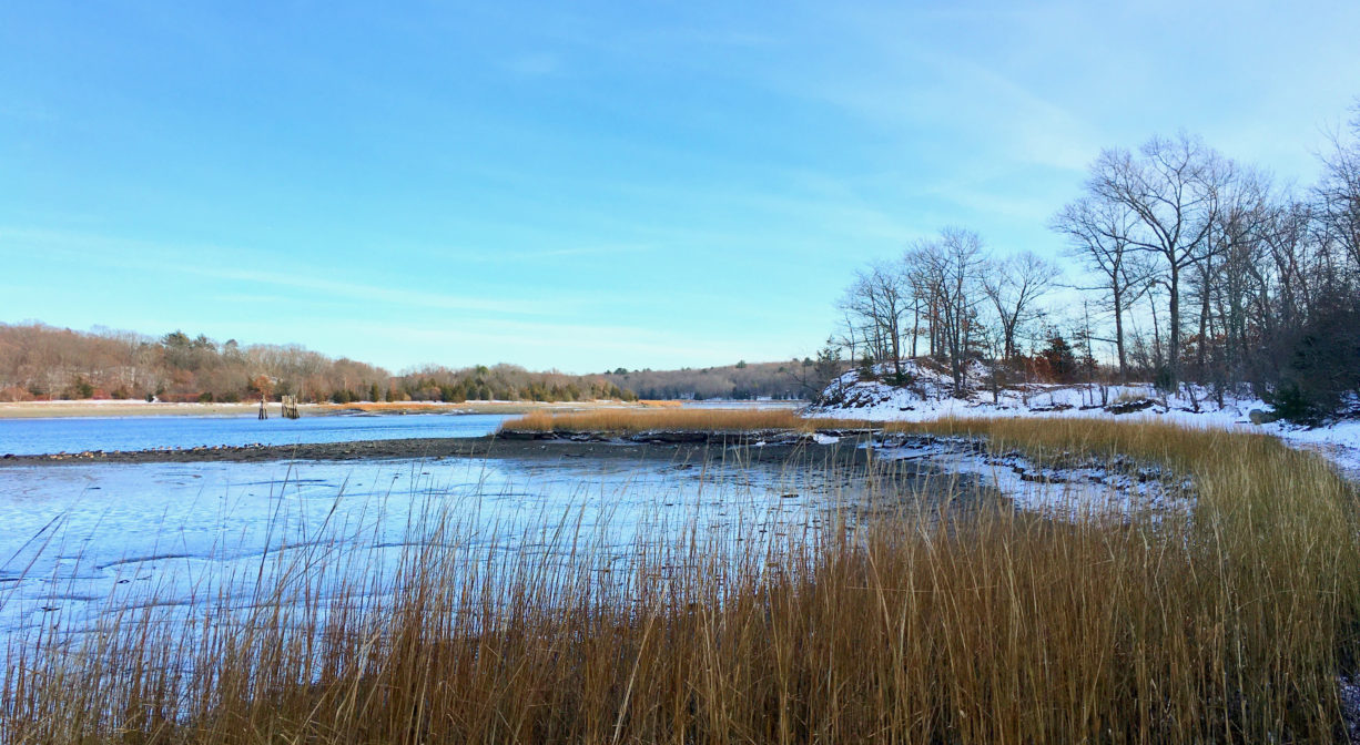 A photograph of a salt marsh and river in winter with blue skies.