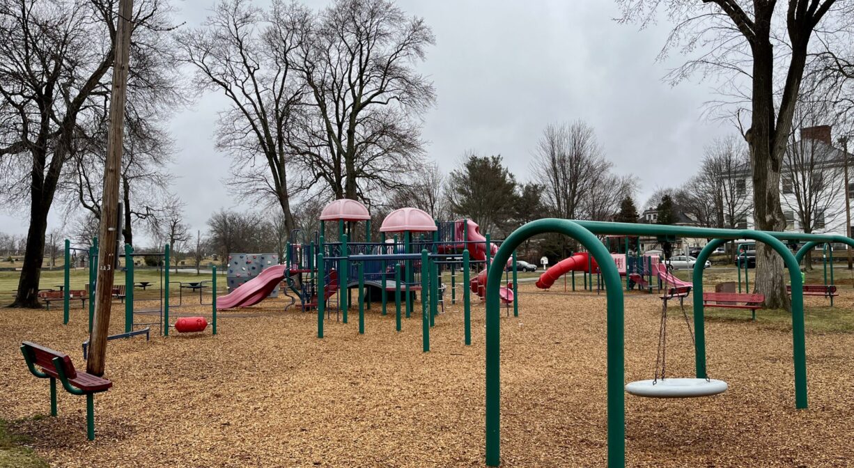 A photograph of a playground with green equipment.
