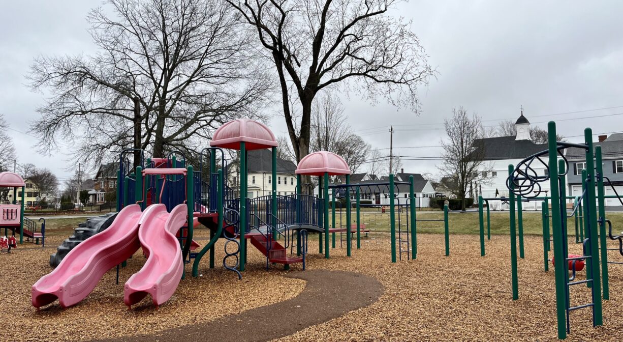 A photograph of playground with green equipment and a pink slide.