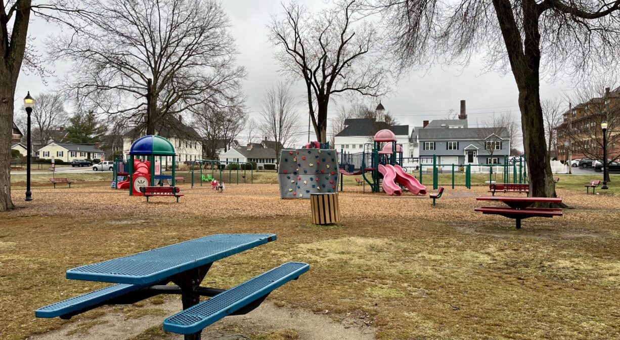 A photograph of a picnic table on a lawn beside a playground