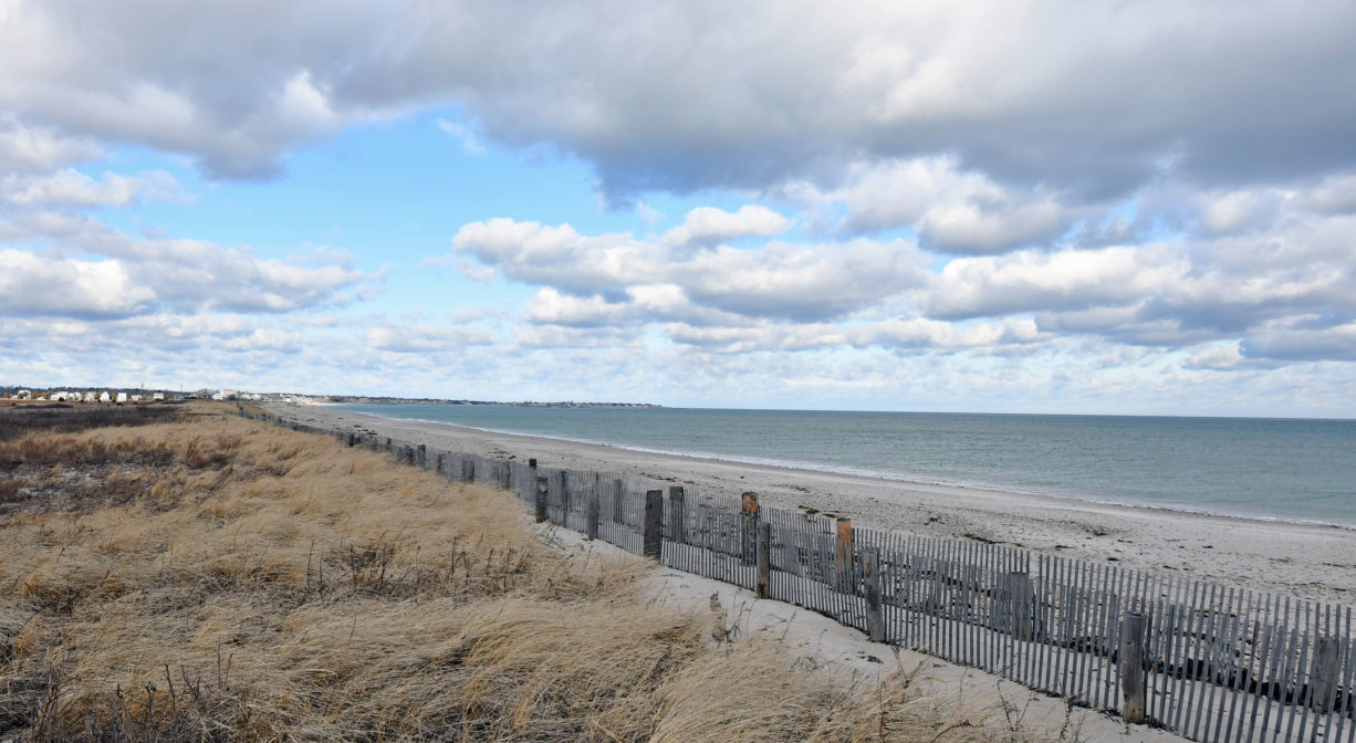 A photograph of a sane beach and shoreline with grasses and fence.