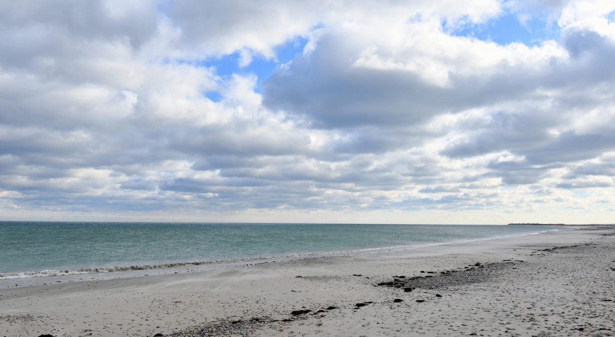 A photograph of a sandy beach and shoreline.