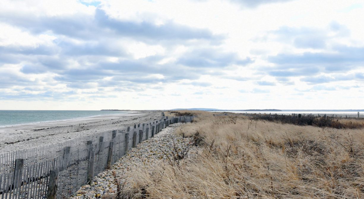 A photograph of a sandy beach and shoreline, with dunes and fencing.