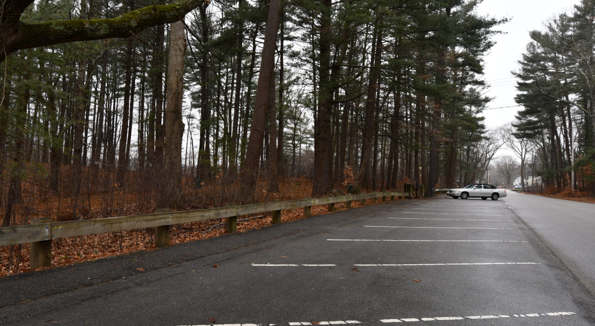 A photograph of a paved parking area bordered by trees.