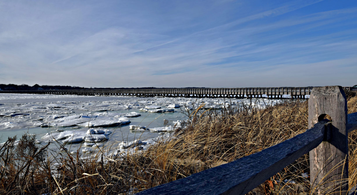 A photograph of a bay in winter with a fence and grasses in the foreground and a long wooden bridge in the background.