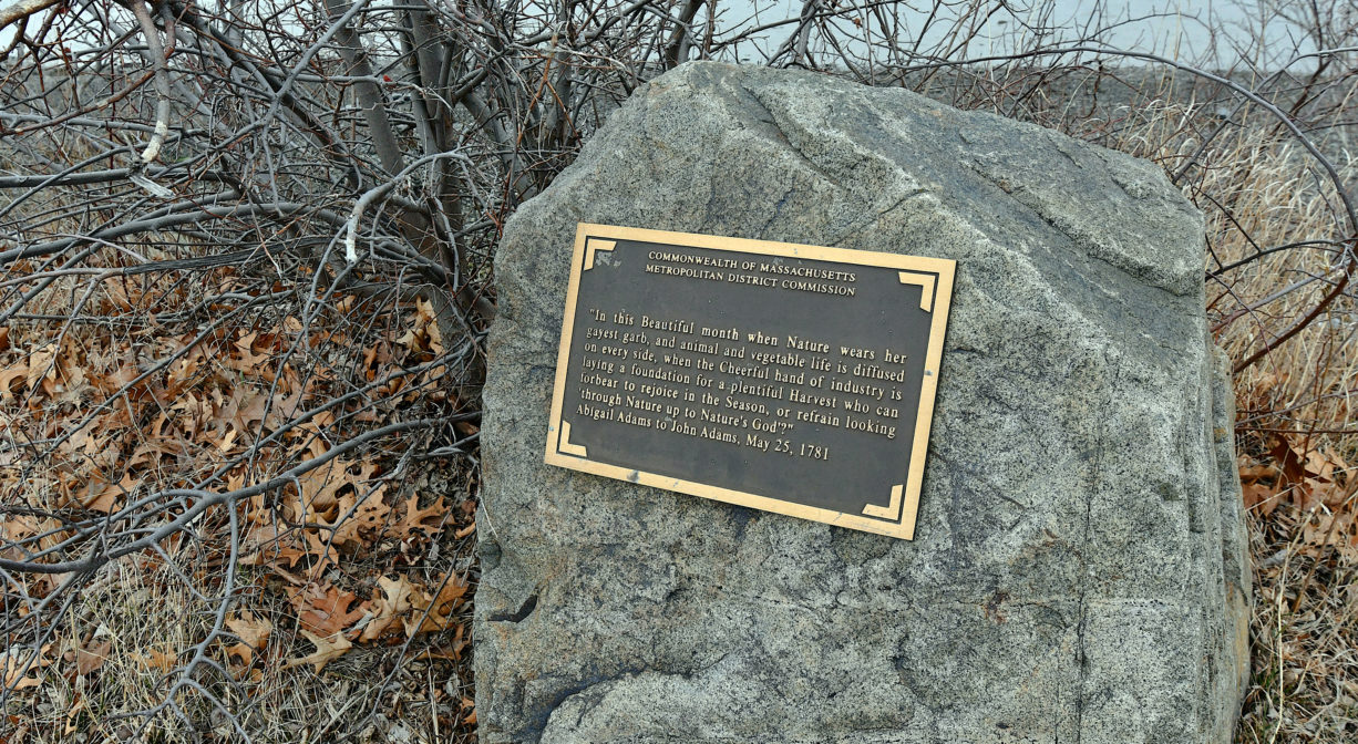 A photograph of a historic marker on a boulder.