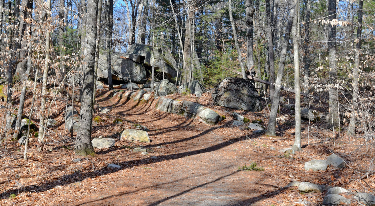 A photograph of a trail through the woods, bordered by large rocks.