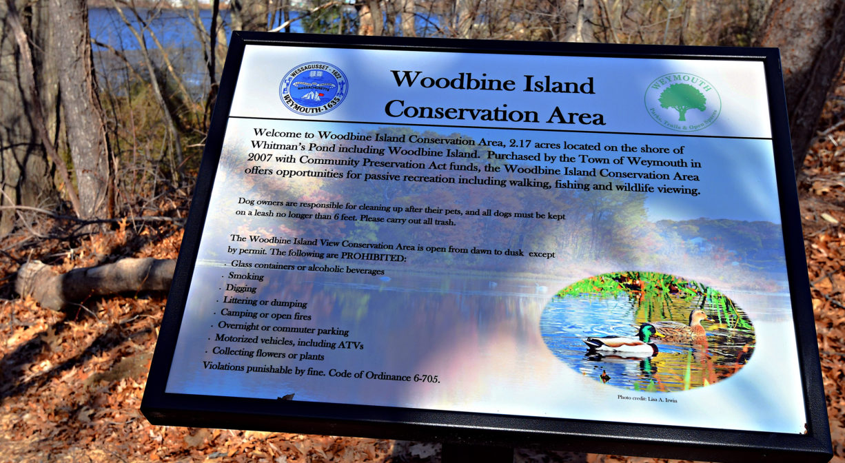 A photograph of an interpretive sign beside a pond.