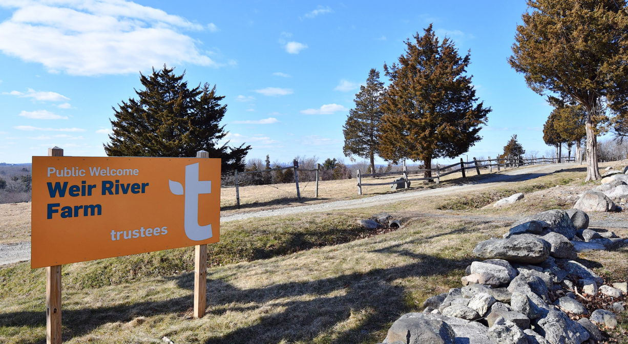 A photograph of a property sign beside a stone wall with grass and trees in the background.