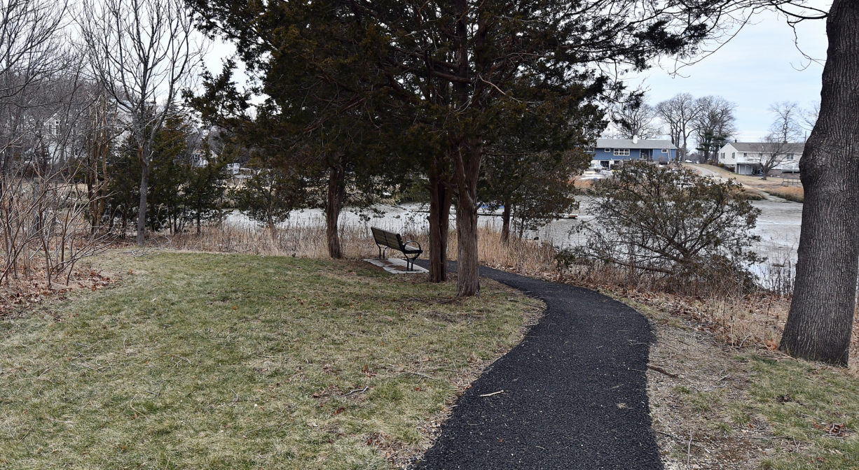 A photograph of a paved trail through a grassy area with scattered trees.