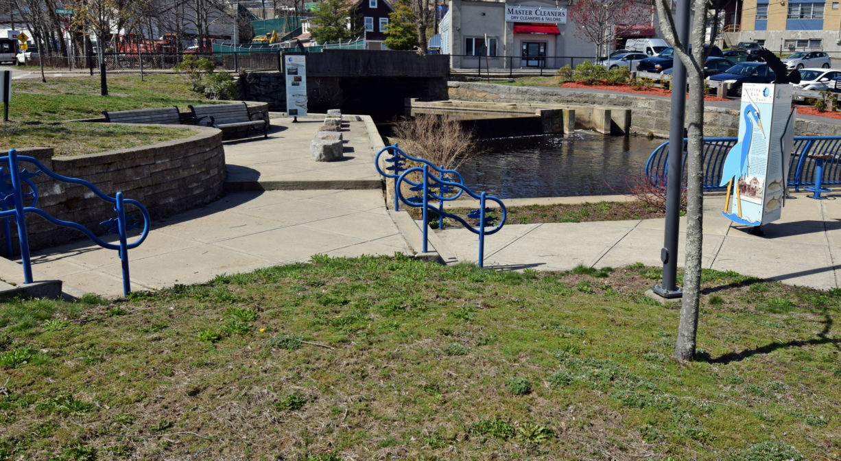 A photograph of a city park with interpretive signage.