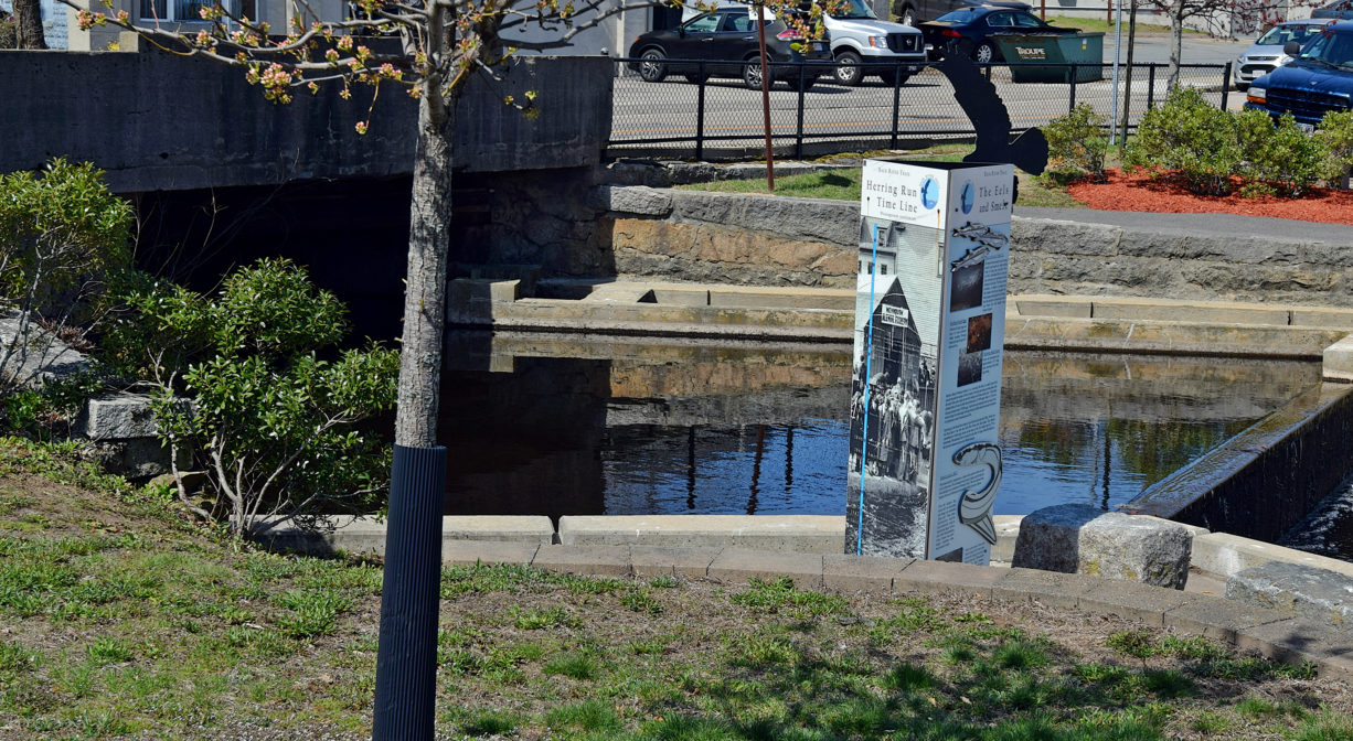 A photograph of a city park with interpretive signage.