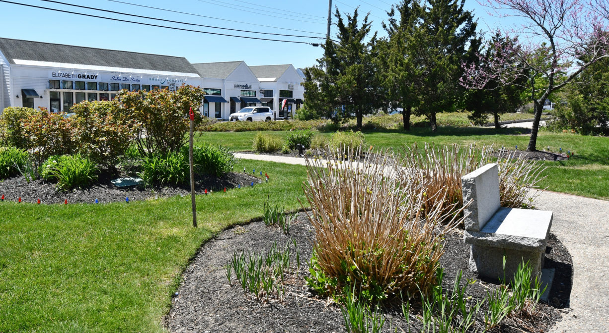 A photograph of a bench and a walkway within a grassy park.