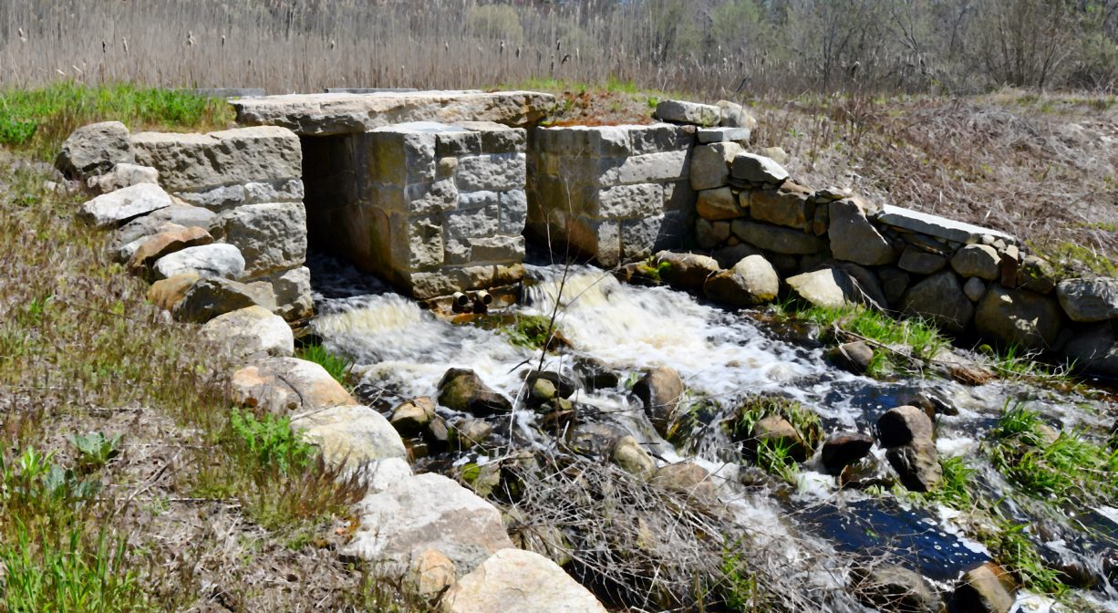 A photograph of a stream passing under a culvert with a pond in the background.